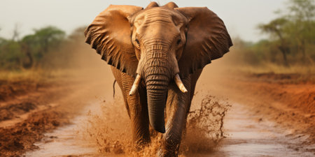 A large elephant walking through a muddy road. AI.の素材
