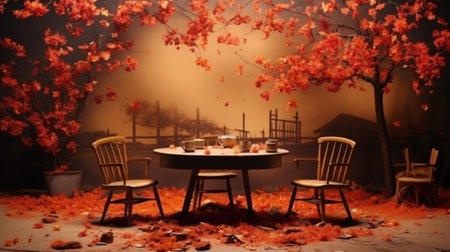 A couple of chairs sitting at a table in front of a tree. AI.の素材