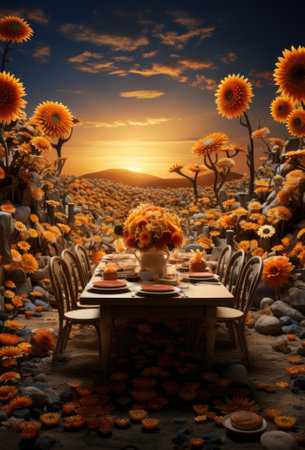 A table with a vase of flowers on it. AI.の素材