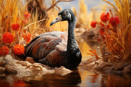 A painting of a bird sitting in the water. AI.の素材