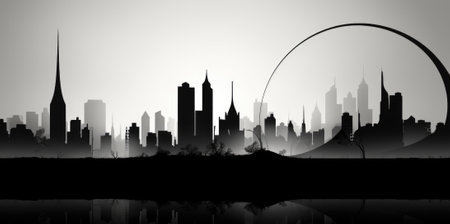 A black and white photo of a city skyline. AI.の素材