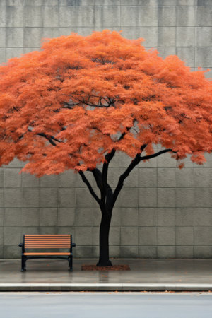 A bench sitting next to a tree in front of a wall. AI.の素材