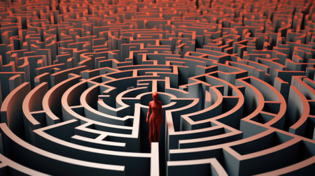A man in a red cloak standing in front of a maze. AI.の素材