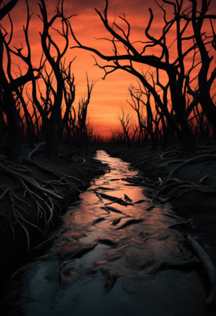 A river running through a forest at sunset. AI.の素材