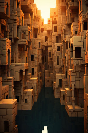 A room filled with lots of boxes next to a body of water. AI.の素材
