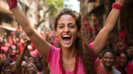 A woman with her arms in the air in front of a crowd of people. AI.の素材