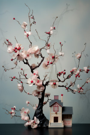 A small house is next to a tree with pink flowers. AI.の素材