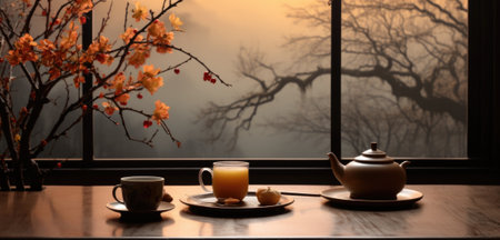 A table with a tea pot, cup and saucer on it. AI.の素材