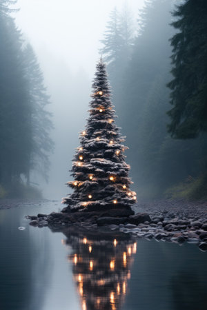 A christmas tree is lit up in the middle of a lake. AI.