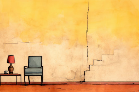 A painting of a chair and a table in front of a wall. AI.の素材