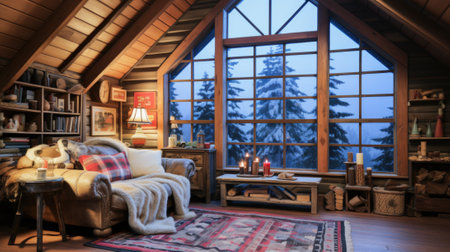 A living room filled with furniture and a large window. AI.の素材