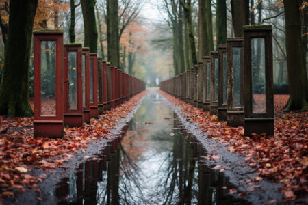 A long row of lanterns sitting next to a puddle of water. AI.の素材
