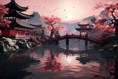 A painting of a bridge over a body of water. AI.の素材
