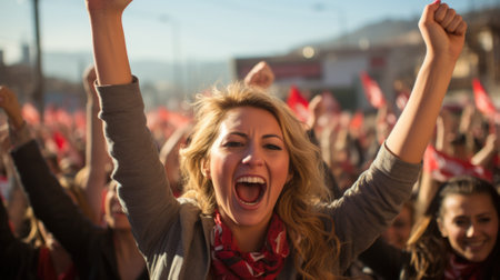 A woman with her arms in the air. AI.の素材