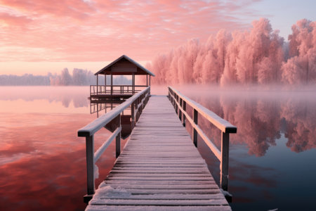 A pier with a gazebo on the water at sunrise, AIの素材