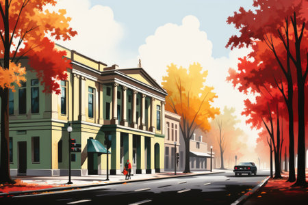 An illustration of a street scene with trees and buildings, AIの素材