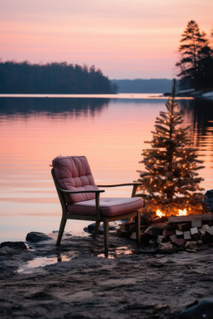 A chair and a christmas tree sit on the shore of a lake at sunset, AIの素材