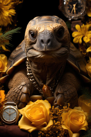 A turtle with a chain around its neck and a watch, AIの素材
