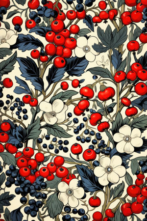 A pattern with red berries and white flowers, AIの素材