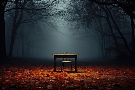 An empty desk in the middle of a dark forest, AIの素材