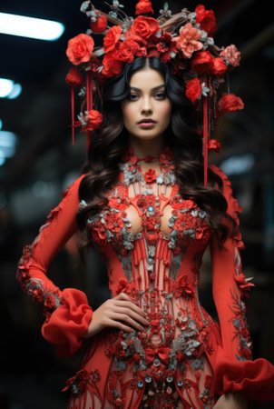 A model wearing a red dress with flowers on it, AIの素材