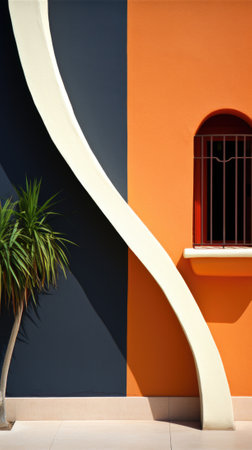 A curved wall and a palm tree in front of it, AIの素材