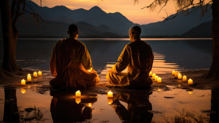 Two buddhist monks sitting on the shore of a lake with candles, AIの素材
