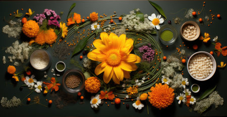 A flower arrangement with various types of flowers, AIの素材
