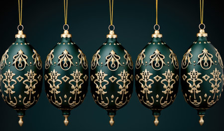 Four green and gold christmas ornaments hanging from strings, AIの素材