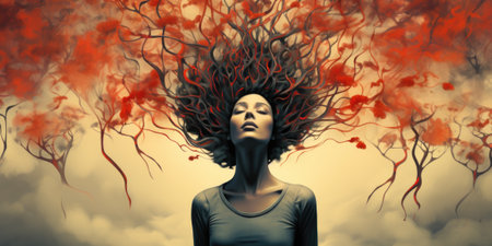 A woman with red hair and a tree in her hair, AIの素材