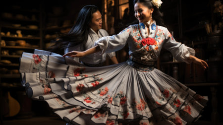 A couple in traditional Filipino or Thai clothing dancing, AIの素材
