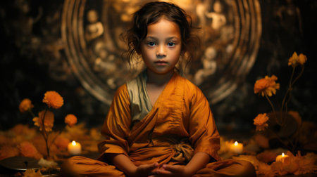 A little girl in a monk outfit sitting on a lotus flower, AIの素材