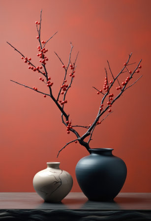 Two vases with red berries on a table, AIの素材
