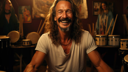A man with long hair and a smile sits in front of drums, AIの素材
