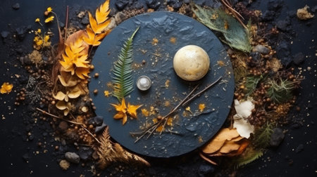 A black plate with an egg and some leaves, AIの素材