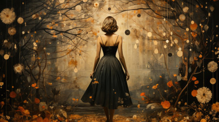 A woman in a black dress walking through a forest, AIの素材