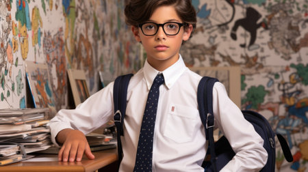 A boy wearing glasses and a tie sitting in front of a desk, AIの素材