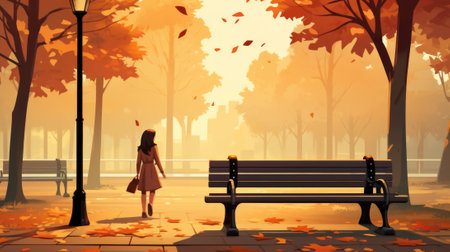 A woman is walking in an autumn park, AIの素材