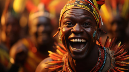 A smiling african man in a colorful headdress, AIの素材