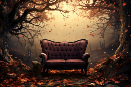 A chair sits in the middle of a forest with leaves falling, AIの素材