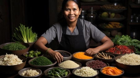 A woman is smiling in front of bowls of food, AIの素材