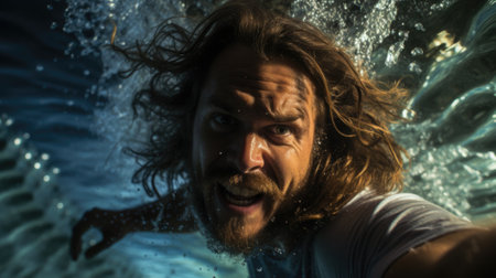 A man with long hair and beard underwater, AIの素材