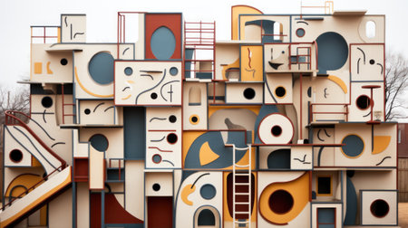 A building made out of colorful blocks with stairs, AIの素材