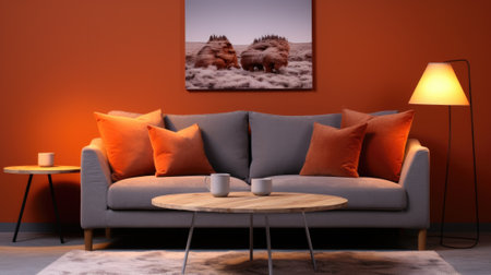 A living room with orange walls and a couch, AIの素材