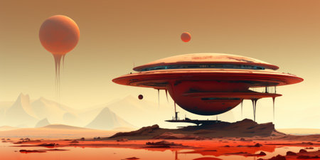 An alien spaceship is flying over a desert, AIの素材