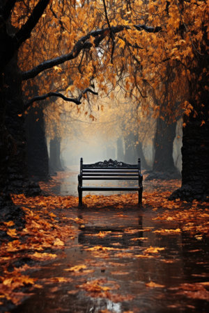 An empty bench is sitting in the middle of a foggy forest, AIの素材