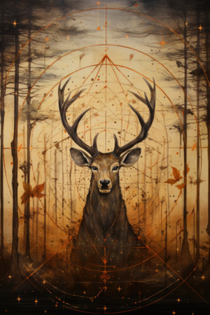 A painting of a deer with antlers in the woods, AIの素材