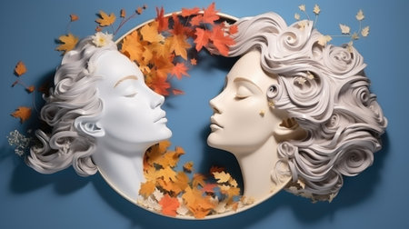 Two women are in a circle with autumn leaves, AIの素材