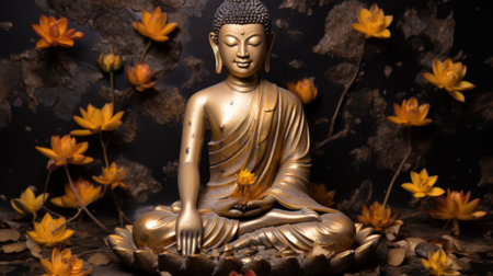 A golden buddha statue surrounded by autumn leaves, AIの素材