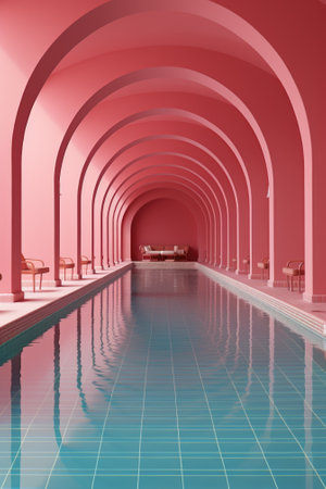 A long pool in a pink building with arches, AIの素材